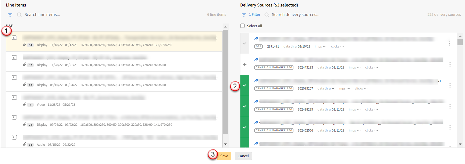 Campaign Delivery tab showing sample line items and delivery sources showing one line item selected and multiple delivery sources and highlighting the Save button.